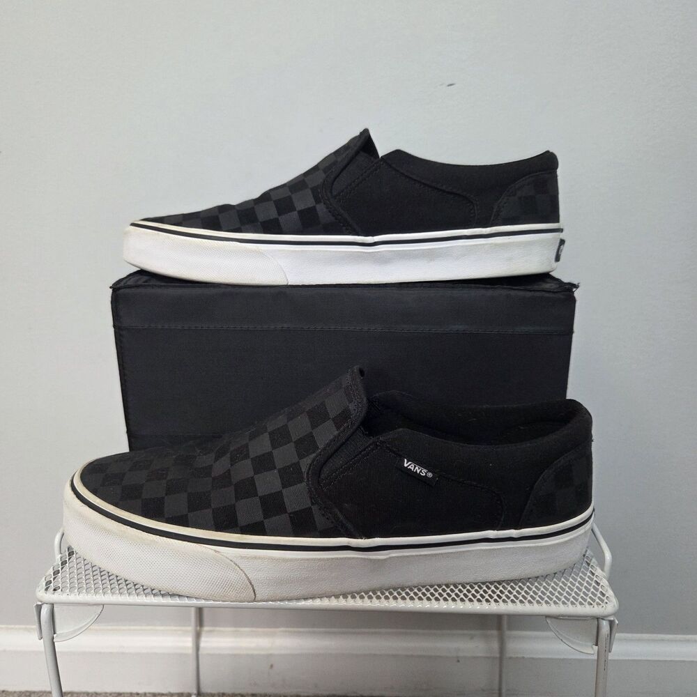 Vans Classic Slip On Checkerboard Black MonoChrome  Mens 9.5 Canvas Skate Shoes
